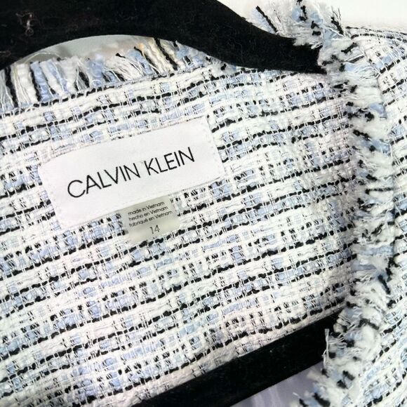 Calvin Klein Jacket Tweed Fringe Blazer Womens 14 Blue Open Front Clasp Career N - Picture 3 of 9